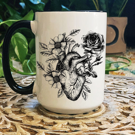 Sacred Heart Mug, Heart With Flowers Mug, Anatomical Heart Mug, Hand Drawn Heart Mug, Boho Heart With Flowers Mug